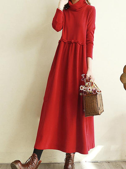 Meselling99 Vintage Solid Color Split-Joint Loose High-Neck Midi Dress-Midi Dress-Free Shipping at meselling99