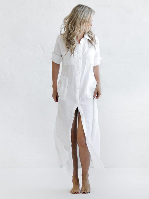 Meselling99 Simple Solid Split-Side Lapel Long Shirt Dress-Maxi Dress-Free Shipping at meselling99