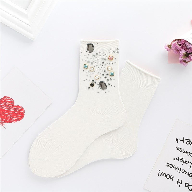 Solid Color Rhinestone Embellished Ankle Socks