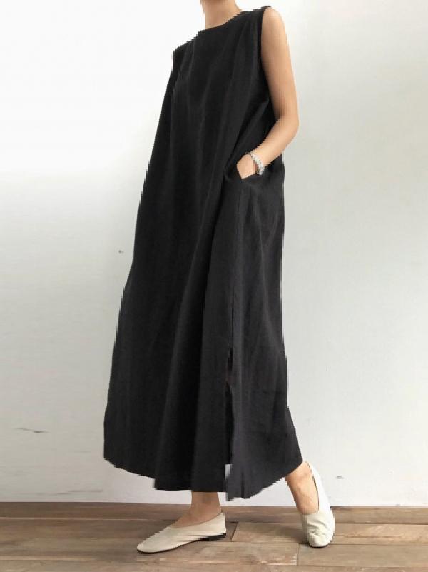 Meselling99 Simple Loose Split-side Sleeveless Long Dress-Maxi Dress-COFFEE-FREE SIZE-Free Shipping at meselling99