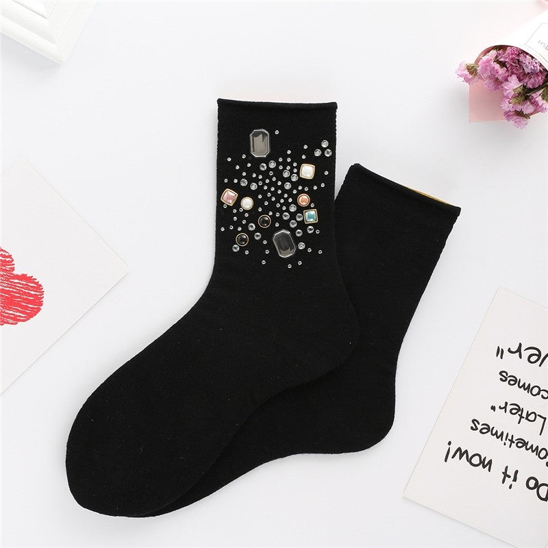 Solid Color Rhinestone Embellished Ankle Socks
