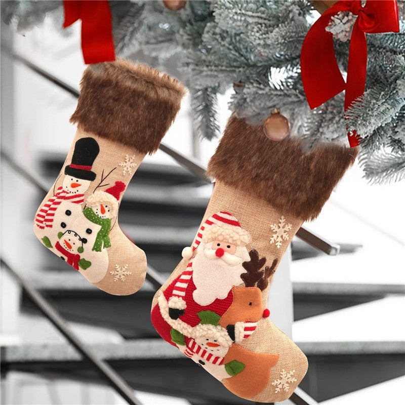 Linen Plush Snowman Santa Sock Gift Bag Christmas Decoration
