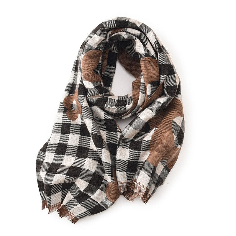 Contrast Color Plaid Flower Pattern  Imitation Cashmere Warm Shawl Scarf