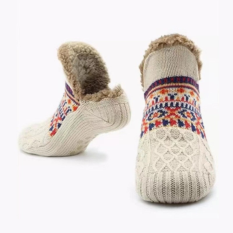 Adults Jacquard Knitted Fleece Lining Thick Warm Non-Slip Indoor Socks