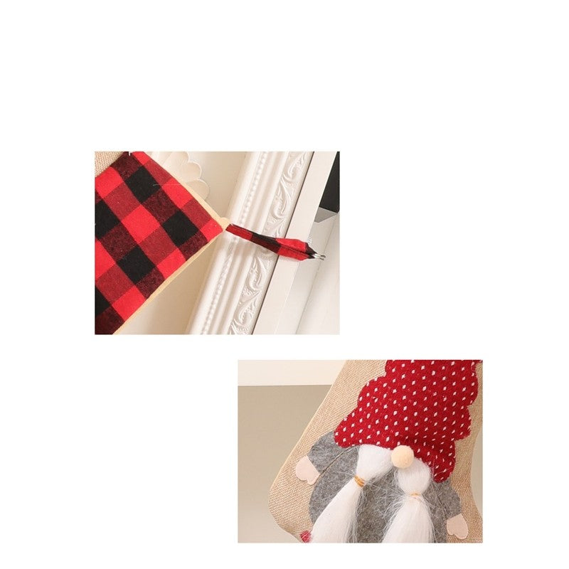 Linen Rudolph Plaid Sock Gift Bag Christmas Decoration