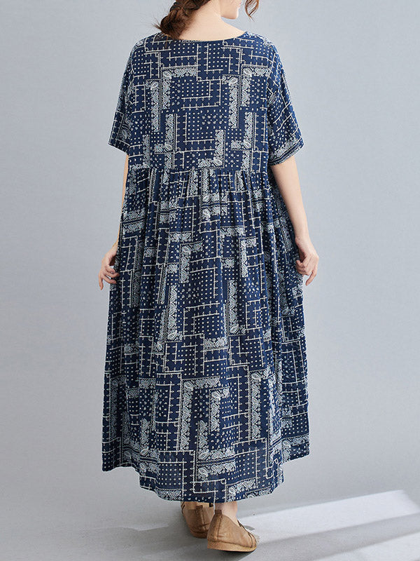 Navy BLUE Artistic Retro Short Sleeve Round-Neck Loose Long Dresses-Maxi Dreses-One Size-Navy Blue-Free Shipping at meselling99