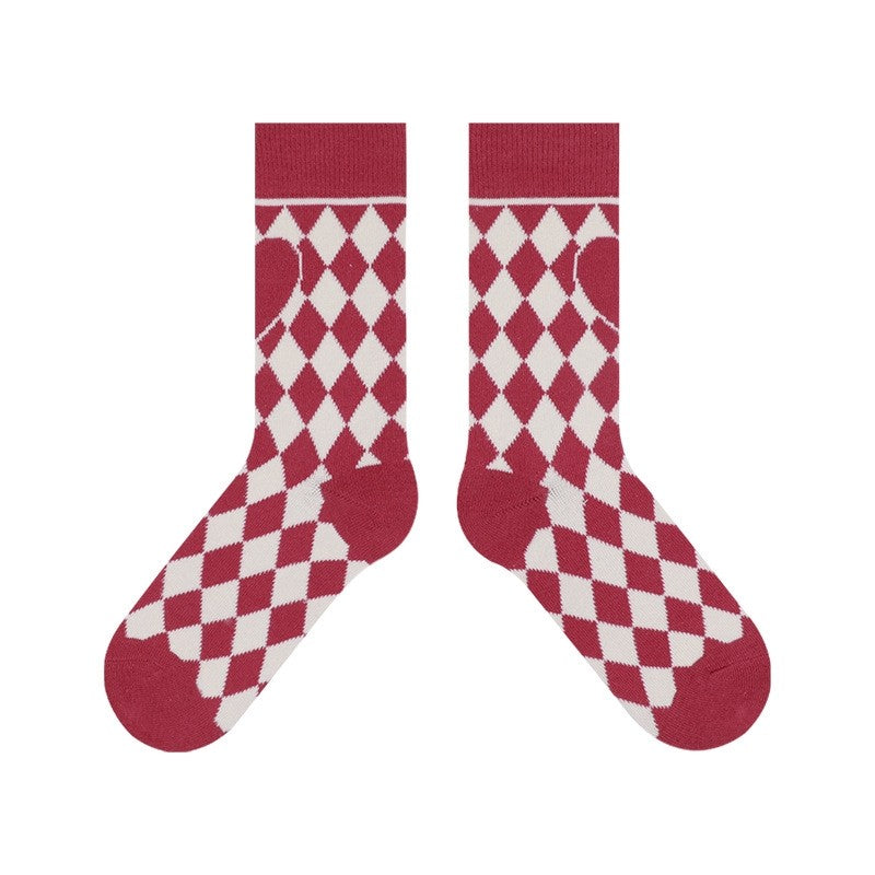 Checkerboard Diamond Pattern Mid-Calf Socks