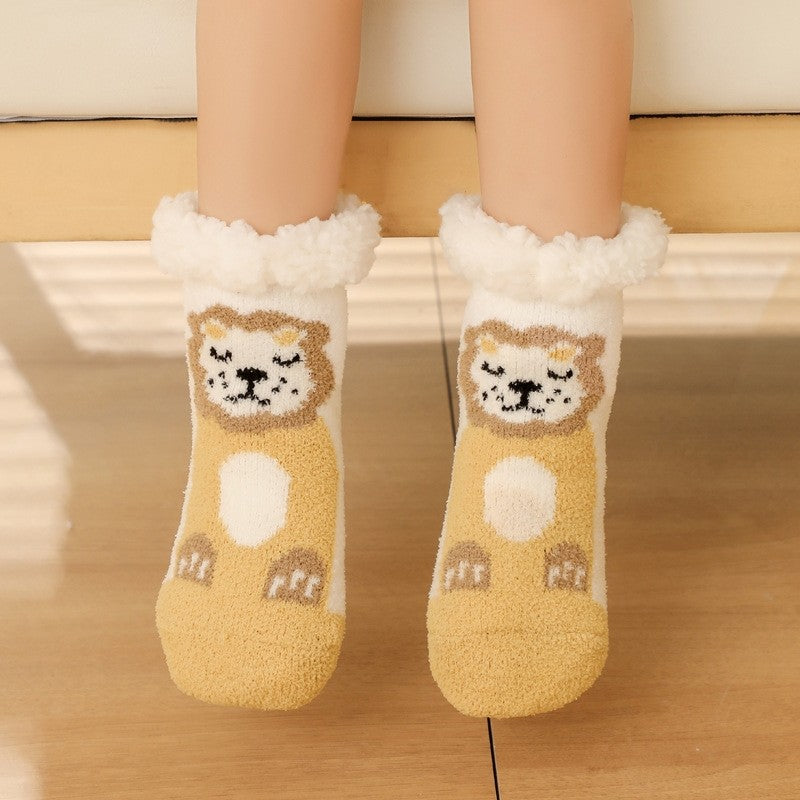 Cute Cartoon Printed Fleece Lininig  Non-Slip Kids Warm Floor Socks