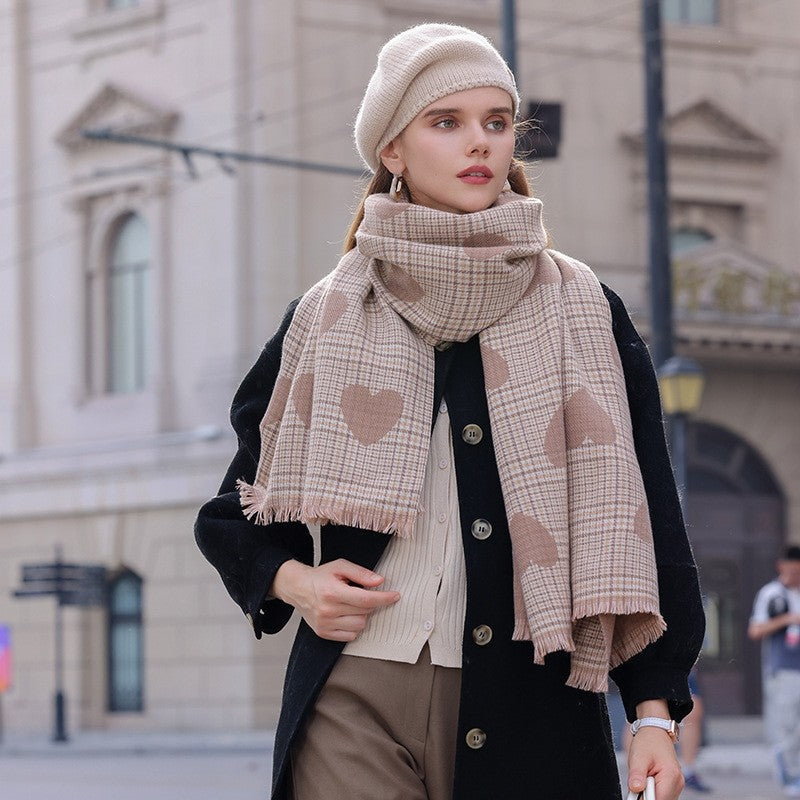 Heart Printed Plaid Tasseled Thick Warm Shawl Scarf