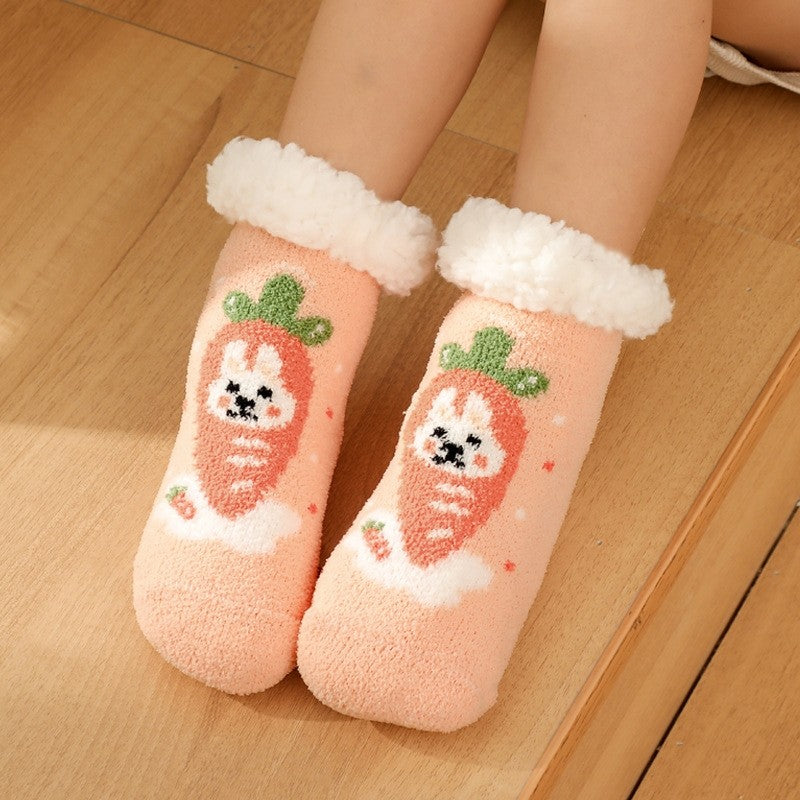 Cute Cartoon Printed Fleece Lininig  Non-Slip Kids Warm Floor Socks