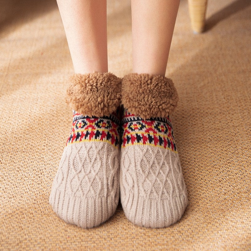 Adults Jacquard Knitted Fleece Lining Thick Warm Non-Slip Indoor Socks