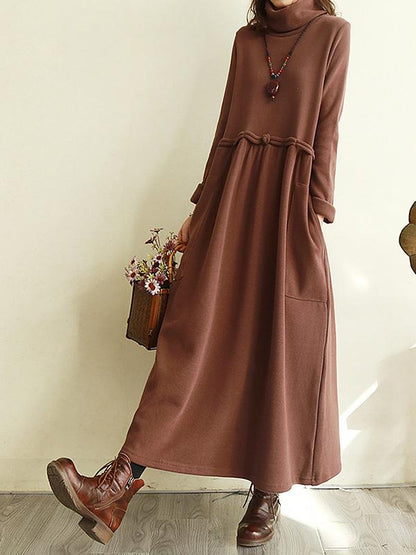 Meselling99 Vintage Solid Color Split-Joint Loose High-Neck Midi Dress-Midi Dress-Free Shipping at meselling99
