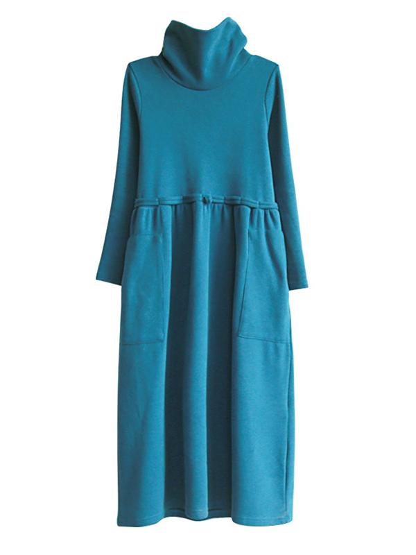 Meselling99 Vintage Solid Color Split-Joint Loose High-Neck Midi Dress-Midi Dress-Free Shipping at meselling99