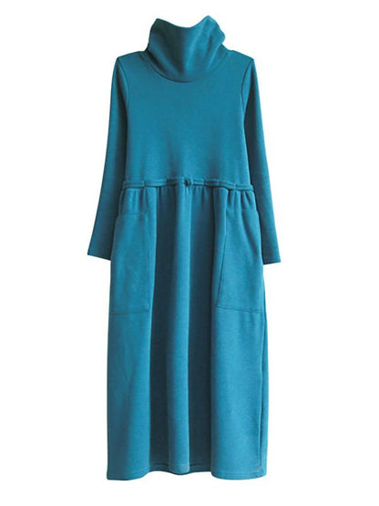 Meselling99 Vintage Solid Color Split-Joint Loose High-Neck Midi Dress-Midi Dress-Free Shipping at meselling99