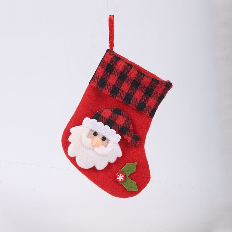 Red Black Plaid Patchwork Cute Cartoon Christmas Socks Gift Bag