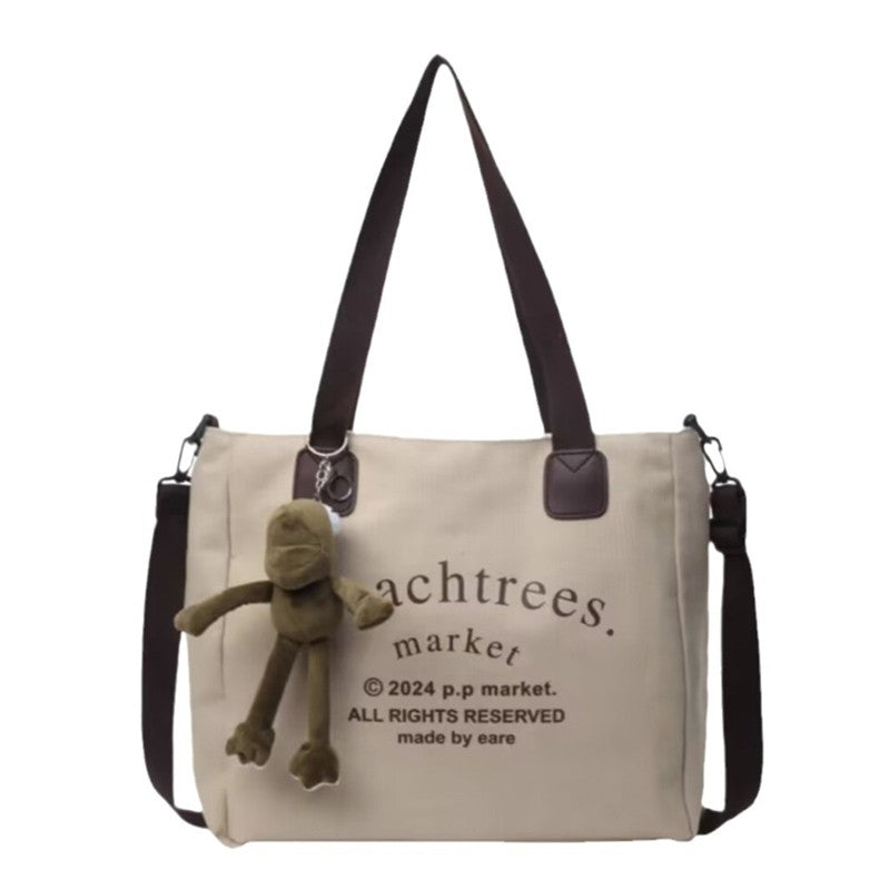 Letter Print Canvas Bag With Pendant