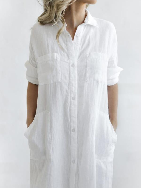 Meselling99 Simple Solid Split-Side Lapel Long Shirt Dress-Maxi Dress-Free Shipping at meselling99