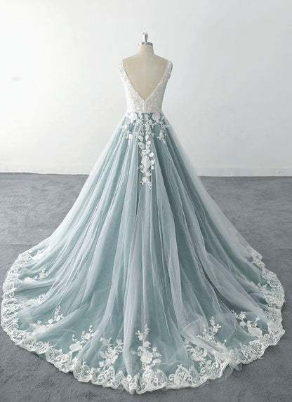 Ivory Lace Wedding Dress Dark Green Lined  Ball Gown Wedding Dresses