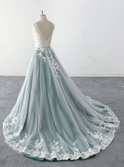 Ivory Lace Wedding Dress Dark Green Lined  Ball Gown Wedding Dresses