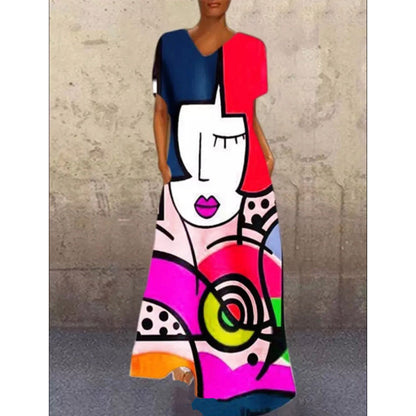 Vintage-Inspired Cat Print V-Neck Maxi Dress – Retro Floral Long Dress
