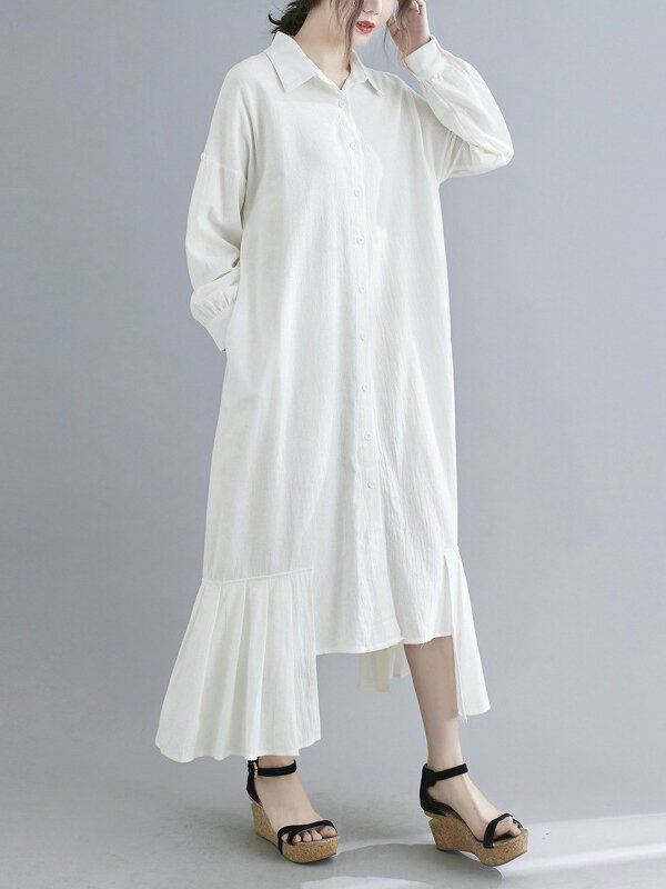 Lapel Solid Color Cotton And Linen Long Maxi Dress-Maxi Dresses-Free Shipping at meselling99