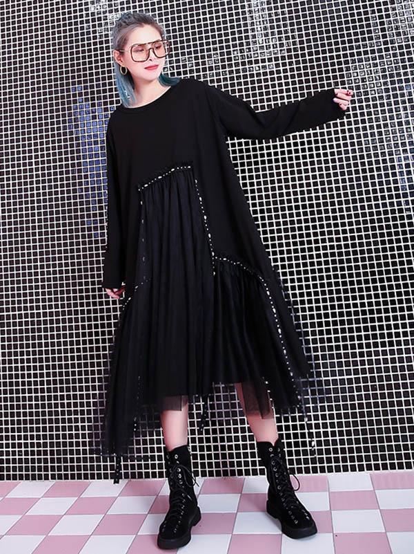 Black Loose Rivet Gauze Splicing Dress-Maxi Dresses-Free Size-Black-Free Shipping at meselling99