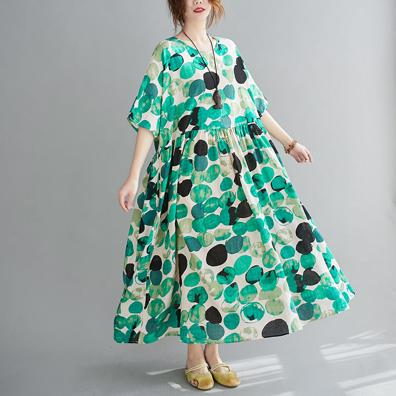 Women Cotton Round-Neck Half Sleeves Polka-Dot Maxi Dress-Maxi Dresses-GREEN-FREE SIZE-Free Shipping at meselling99