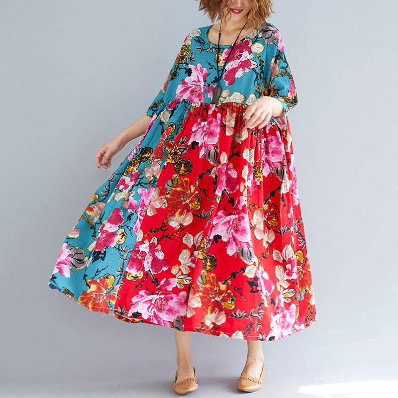 Women Ethnic Printed Plus Size Floral Print Loose Dress-Maxi Dresses-SAME AS PICTURE-FREE SIZE-Free Shipping at meselling99