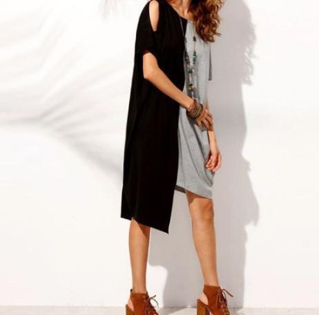 Asymmetric Split-Joint Contrast Plus Sizes Loose Batwing Sleeve Dress-Mini Dresses-Gray-S-Free Shipping at meselling99