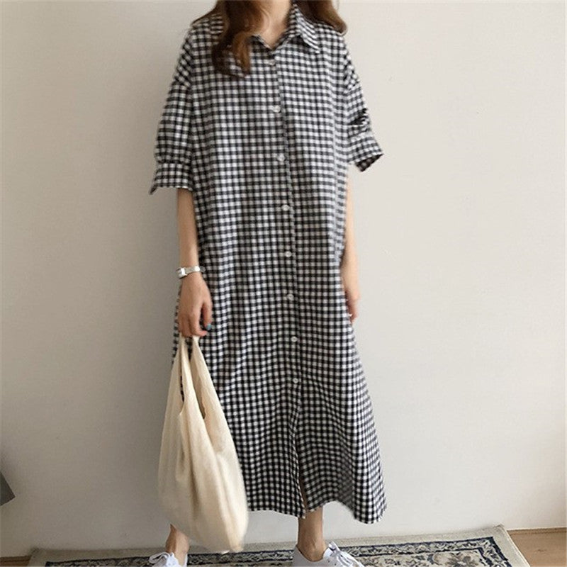 Women Plaid Plus Size Loose Half Sleeve Shirt Dress-Maxi Dresses-Free Shipping at meselling99