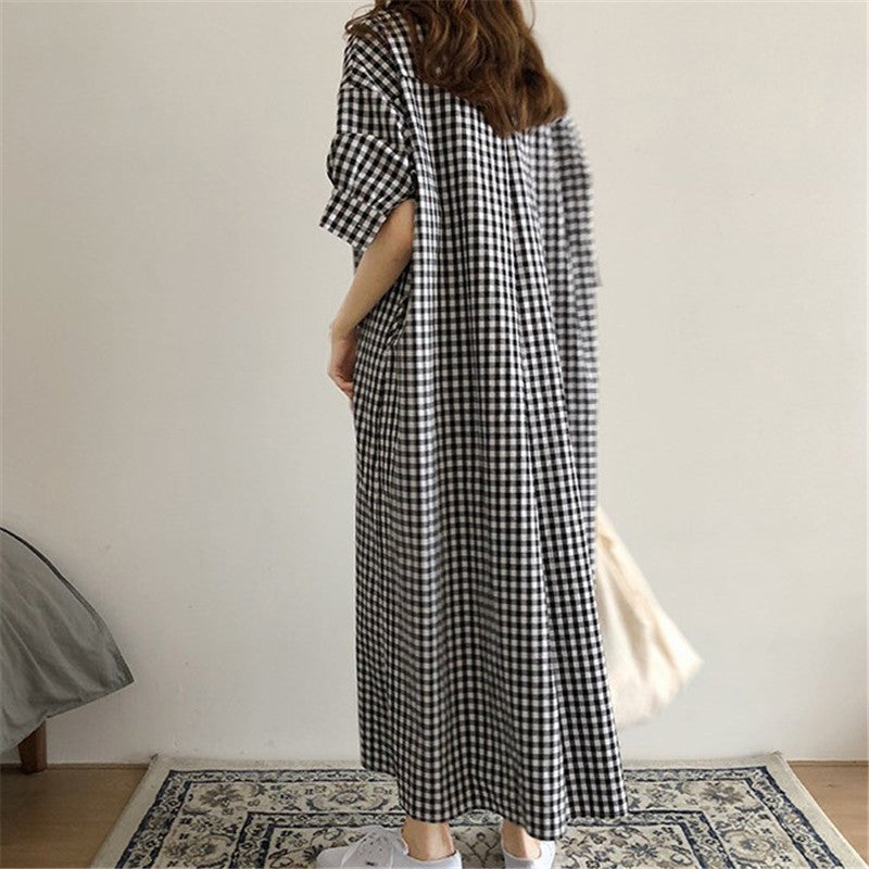 Women Plaid Plus Size Loose Half Sleeve Shirt Dress-Maxi Dresses-Free Shipping at meselling99