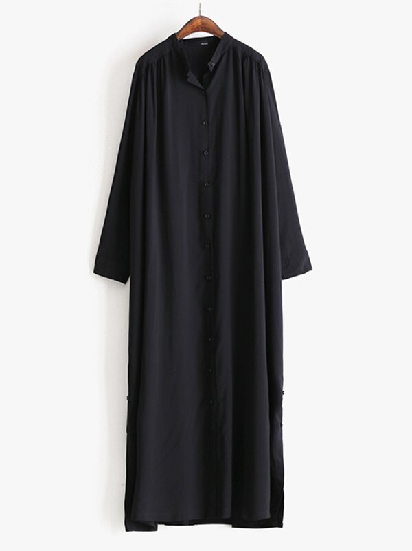 White/White Solid Lapel Long Sleeves Long Shirt Dress-Maxi Dresses-Free Shipping at meselling99