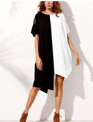 Asymmetric Split-Joint Contrast Plus Sizes Loose Batwing Sleeve Dress-Mini Dresses-Free Shipping at meselling99