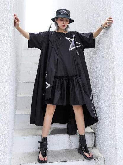 Black Oversize Asymmetric Stars Dress-Maxi Dreses-Free Size-Black-Free Shipping at meselling99