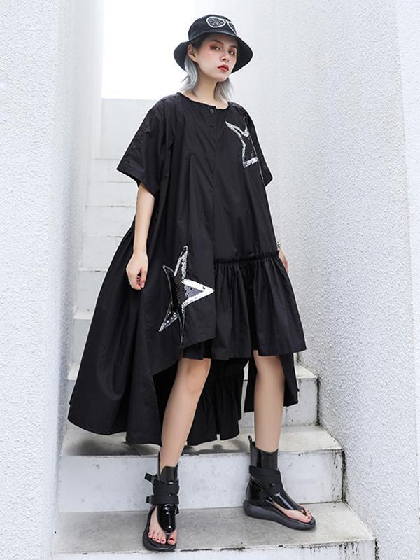 Black Oversize Asymmetric Stars Dress-Maxi Dreses-Free Size-Black-Free Shipping at meselling99