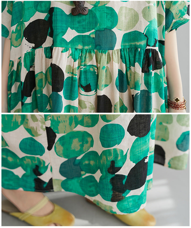 Women Cotton Round-Neck Half Sleeves Polka-Dot Maxi Dress-Maxi Dresses-GREEN-FREE SIZE-Free Shipping at meselling99
