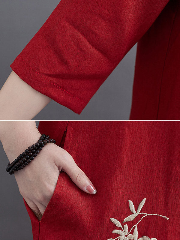 Embroidery Vintae Color Half-Sleeve Long Dress-Maxi Dresses-Free Shipping at meselling99