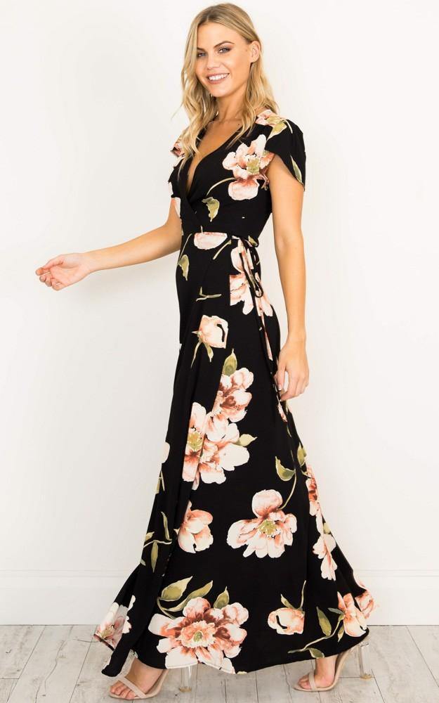 Summer Short Sleeves V Neck Long Dresses-STYLEGOING