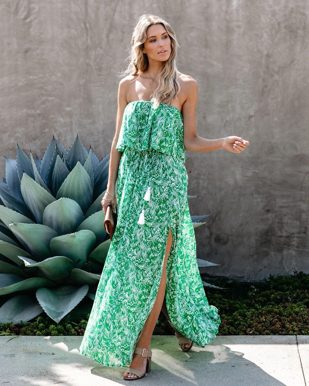 Green Leaf Print Strapless Ruffled Long Dresses-STYLEGOING