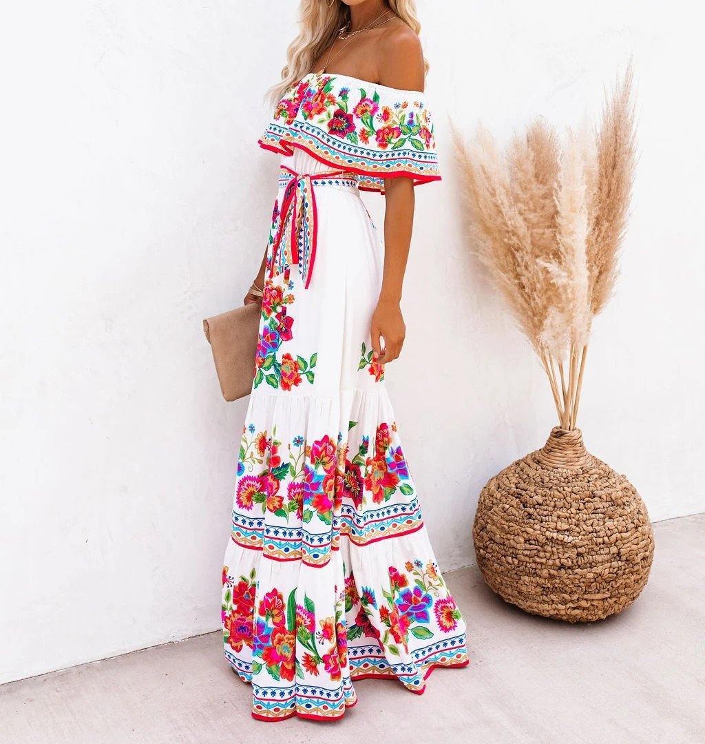Summer Off The Shoudler Floral Print Long Dresses-STYLEGOING
