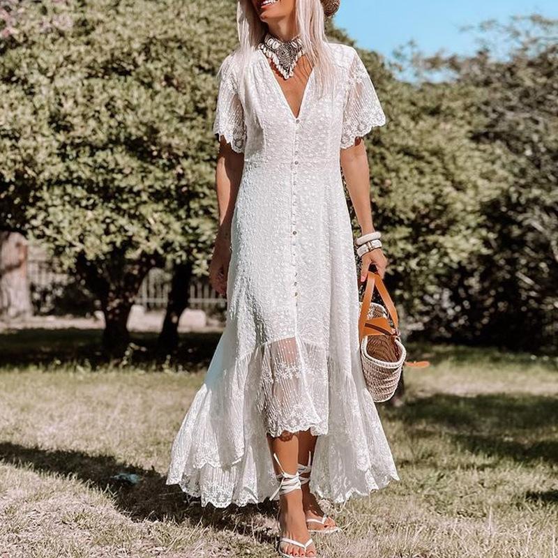 White V Neck Short Sleeves Dresses-STYLEGOING