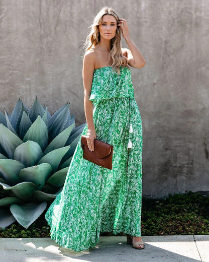 Green Leaf Print Strapless Ruffled Long Dresses-STYLEGOING
