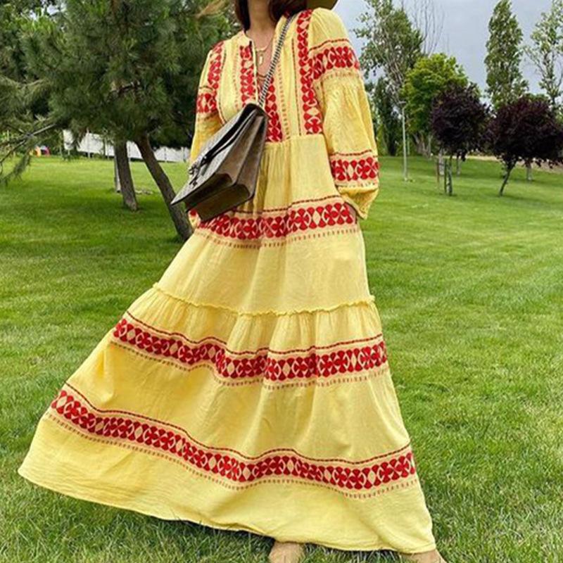Women V Neck Plus Sizes Fall Long Maxi Dresses-STYLEGOING