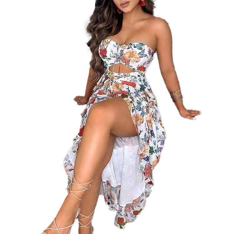 Women Irregular Scalloped Floral Print Dresses-STYLEGOING