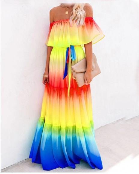 Off The Shoudler Pint Long Maxi Dresses-STYLEGOING