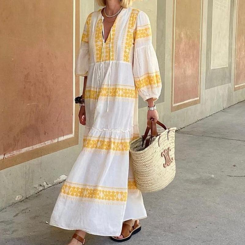 Women V Neck Plus Sizes Fall Long Maxi Dresses-STYLEGOING