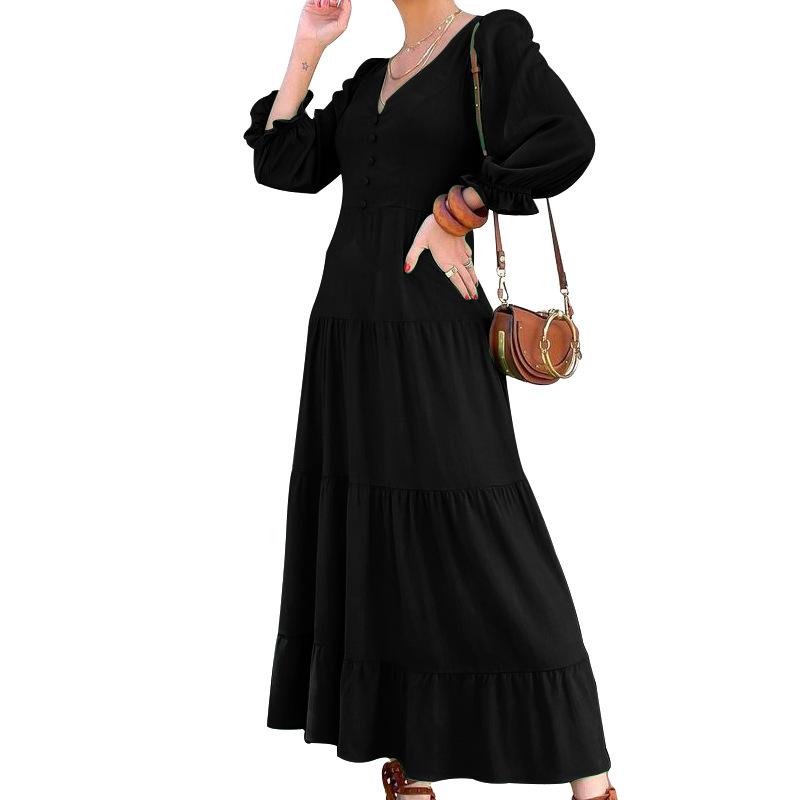 Women Long Sleeves V Neck Fall Long Dresses-STYLEGOING