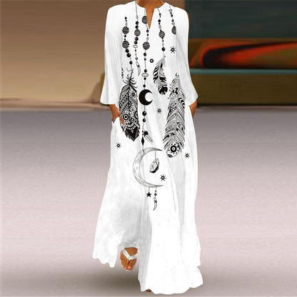 Plus Sizes Women Long Sleeves Print Fall Long Dresses-STYLEGOING