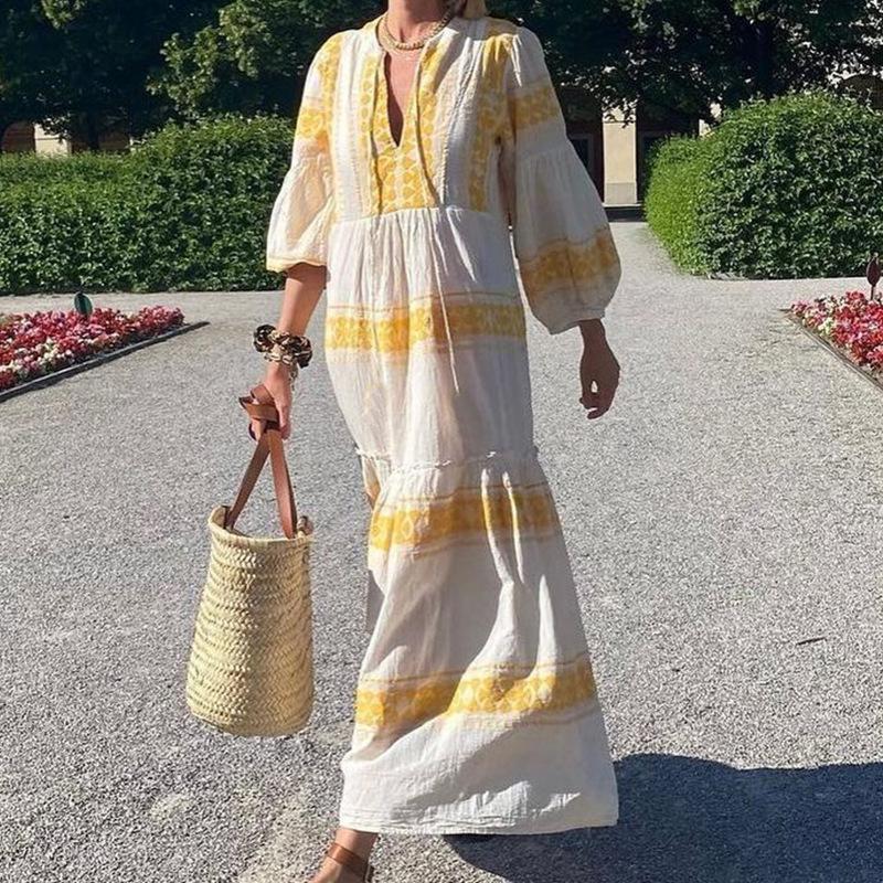 Women V Neck Plus Sizes Fall Long Maxi Dresses-STYLEGOING