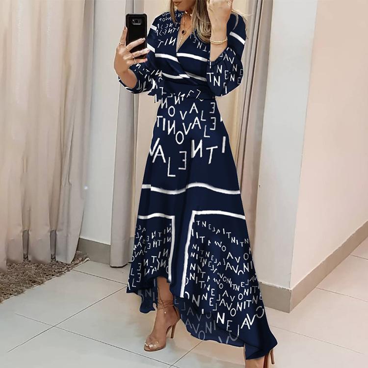 Women Letter Print Irregular Long Dresses-STYLEGOING